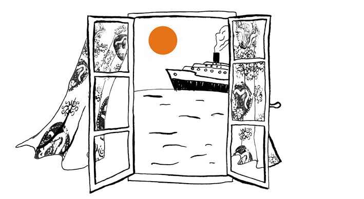 illustration par un dessin d'une fenêtre ouverte avec vue sur une mer, un paquebot et un soleil orange dans le ciel