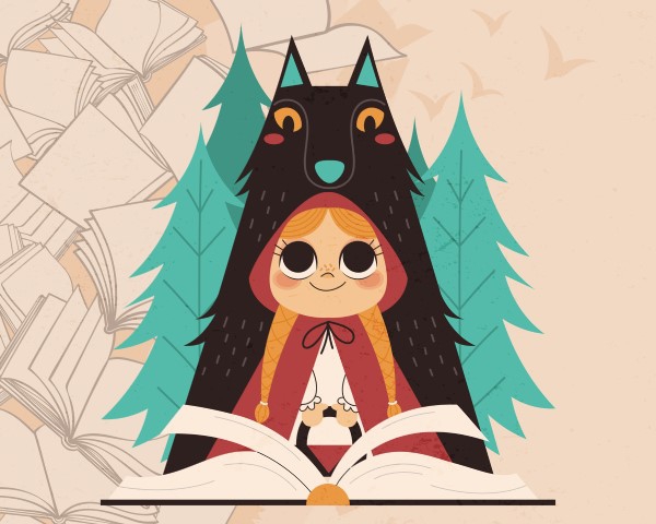 dessin du petit chaperon rouge et du loup dans la forêt