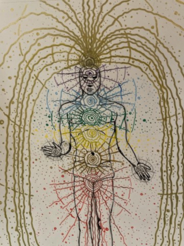 Dessin d'un homme émettant des vibrations multicolores